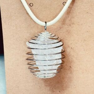 925 Sterling Silver Plated Satin Spar Crystal (Gypsum) Spiral Wire Wrapped Cage
